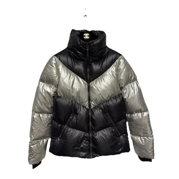Mackage Puffer Jacket Womens XS Black Silver Metallic Chevron Quilted Zip Front - Picture 1 of 15
